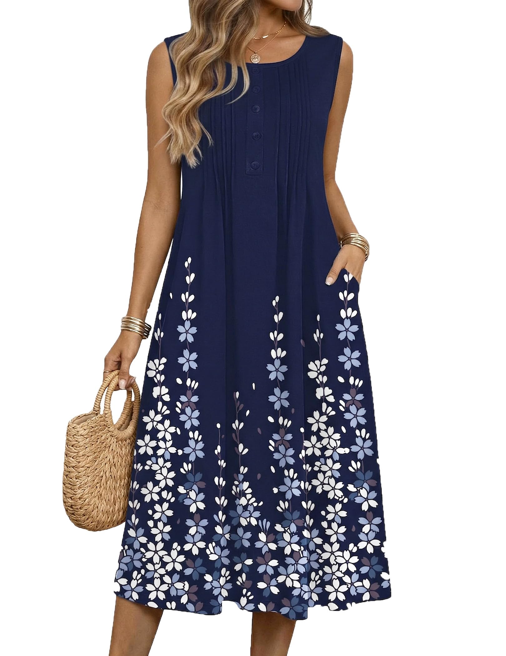 Women's Summer Flowy A-Line Casual Midi  with Pockets Beach Boho Vacation Shift Sundress