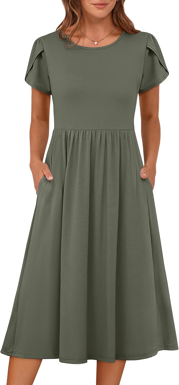Women's Summer Short Sleeve A-Line Midi Floral T-Shirt Casual Beach Sundress with Pockets