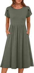 Women's Summer Short Sleeve A-Line Midi Floral T-Shirt Casual Beach Sundress with Pockets