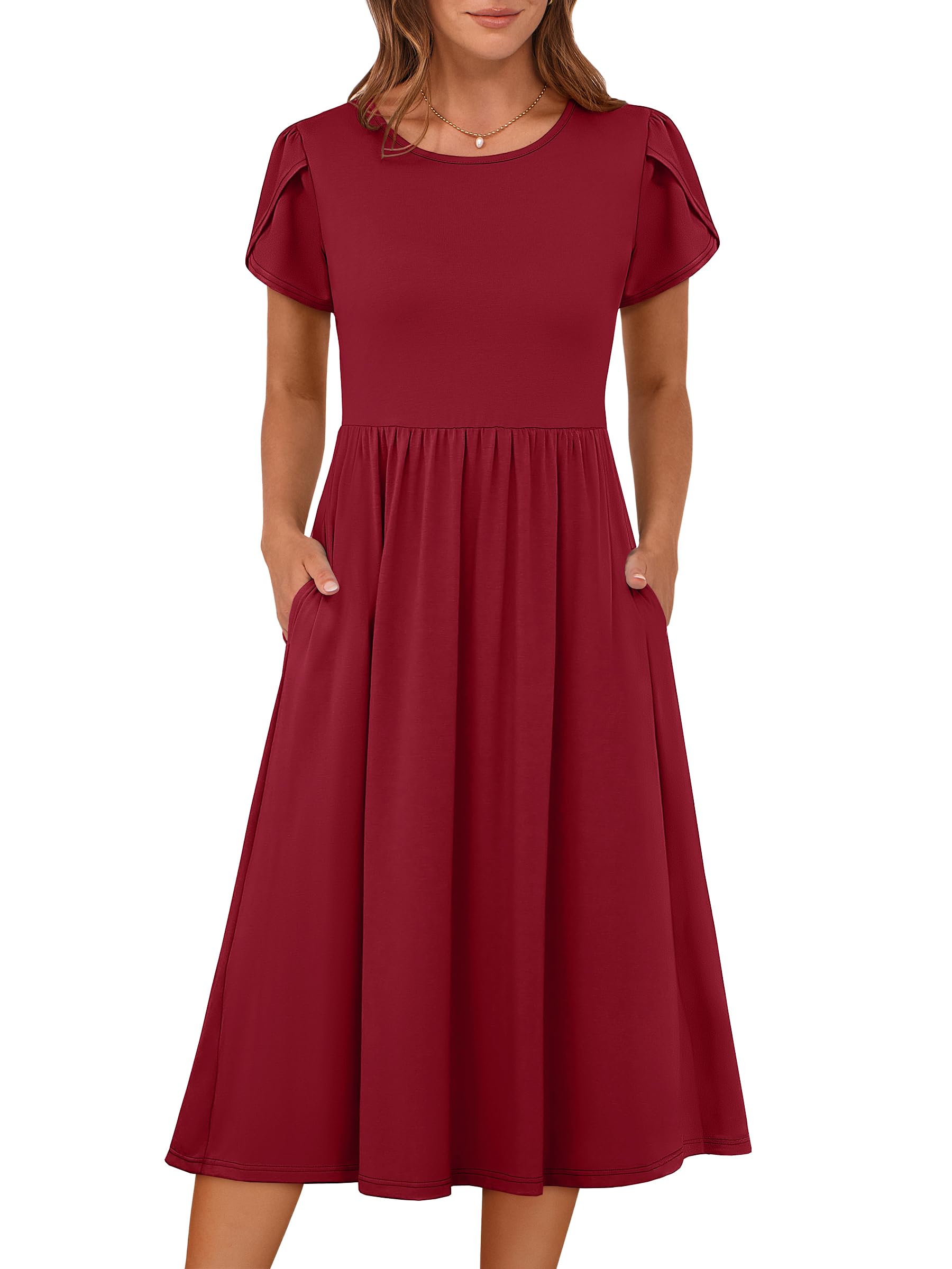 Women's Summer Short Sleeve A-Line Midi Floral T-Shirt Casual Beach Sundress with Pockets
