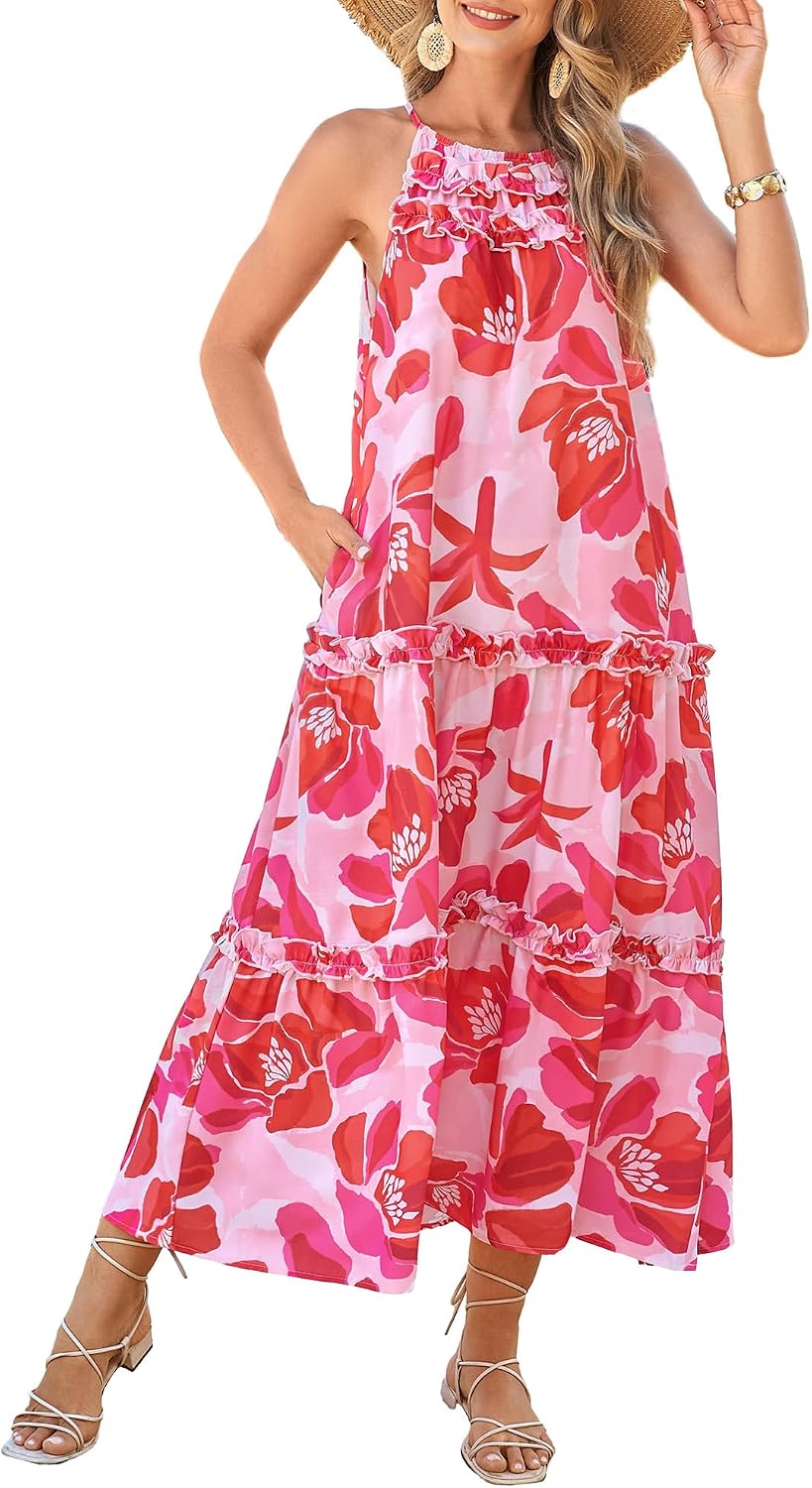 2026 Women's  Summer Floral Halter Maxi Beach Sundress with Tiered Ruffle Skirt