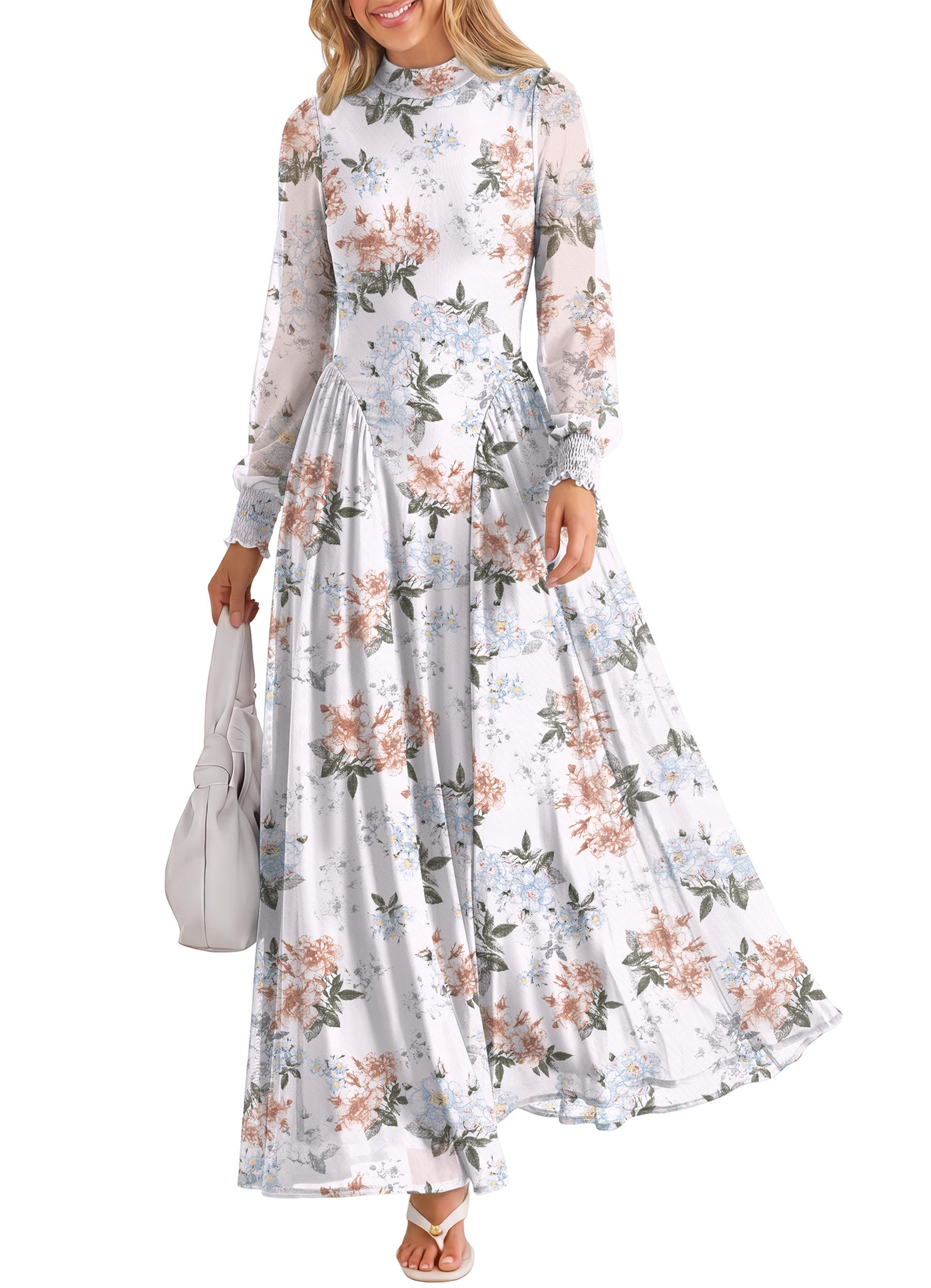 Women's Long Sleeve Mock Neck Drop Waist A-Line Floral Soft Lightweight Mesh