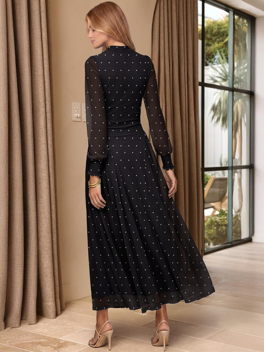 Women's Long Sleeve Mock Neck Drop Waist A-Line Floral Soft Lightweight Mesh