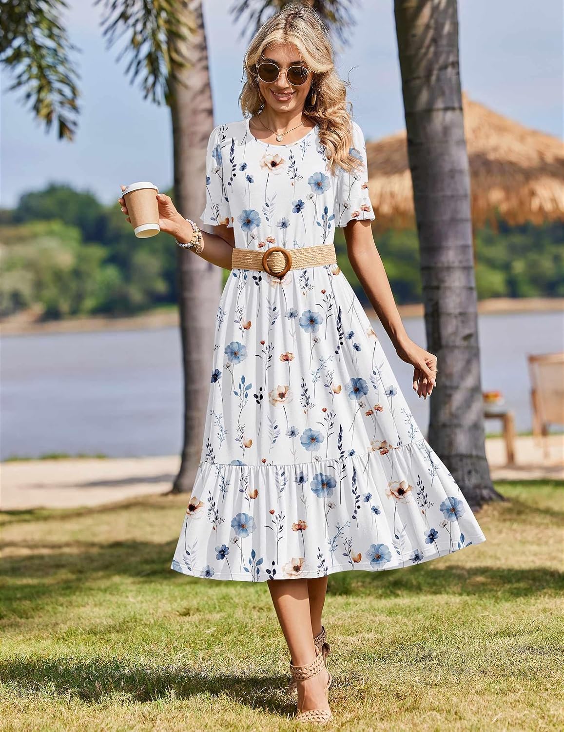Womens 2026 Summer Casual Ruffle Short Sleeve Tiered A Line Boho Flowy Midi Sundress