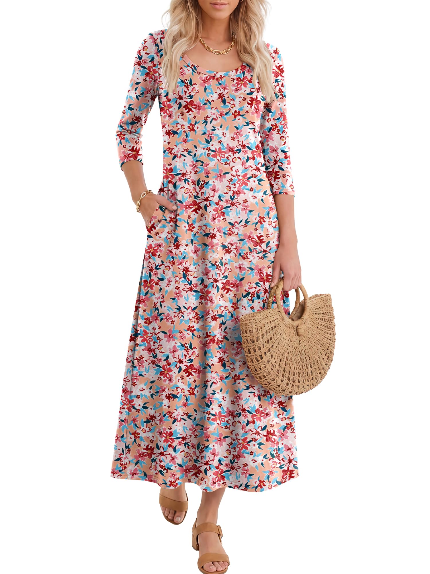 Women's 3/4 Sleeve Scoop Neck Dress with Pockets Soft Breathable for Travel Vacation Spring Transition