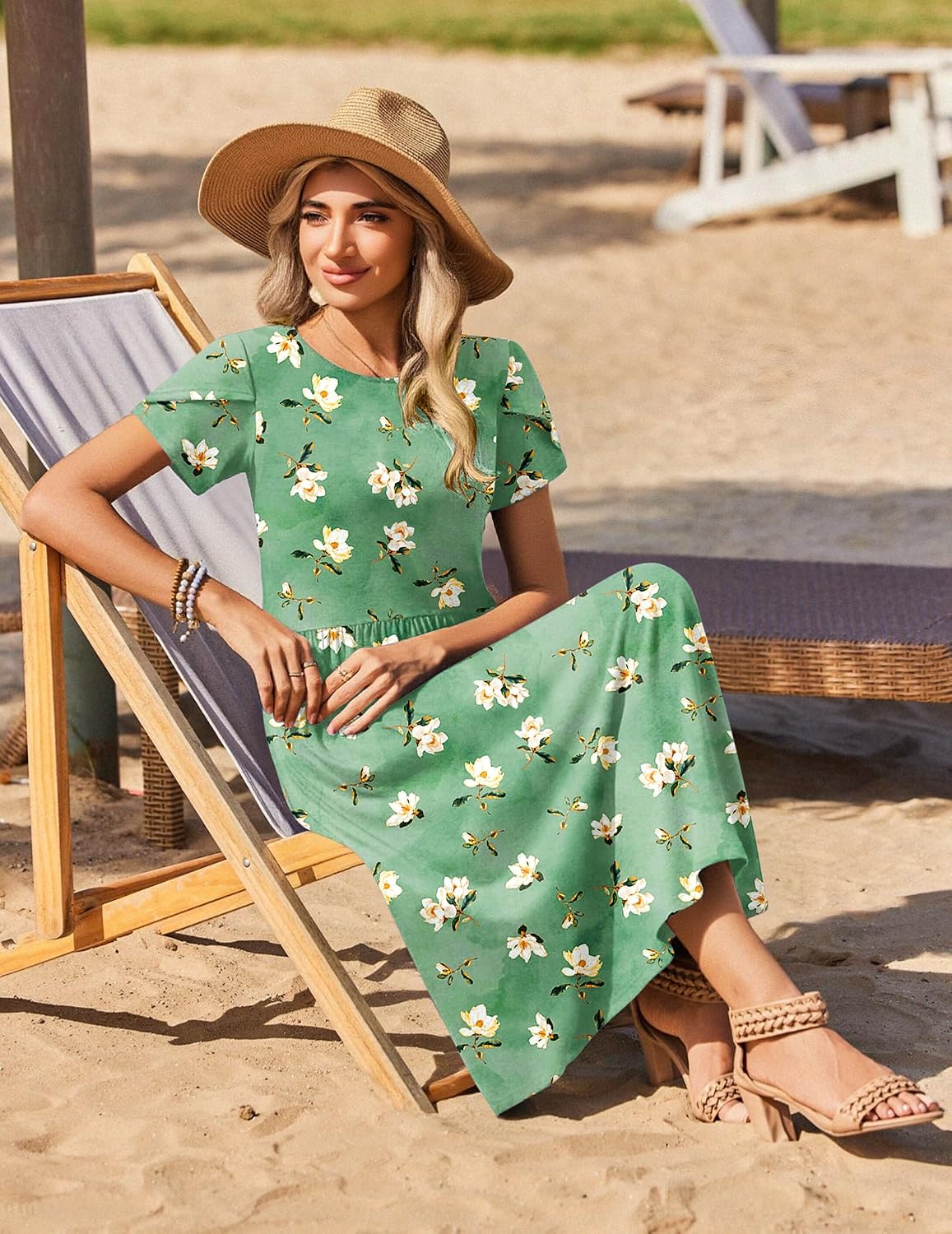 Summer Bohemian Floral Short Sleeve Casual Flowy Tired Maxi Beach Sundress for