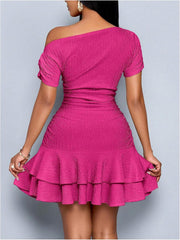 Women's Summer Off The Shoulder Short Sleeve Ruffle Cute Mini Fit and Flare Brunch Dress