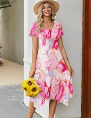 Womens 2026 Summer Short Sleeve Loose Flowy Hankerchief Flare Midi Casual Beach