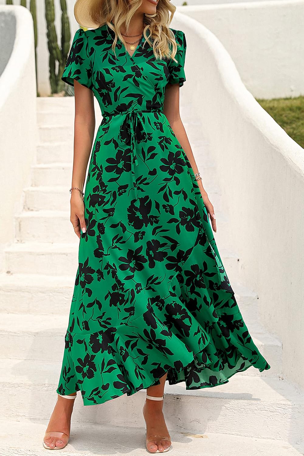 Women's Summer Short Sleeve  Floral Maxi Long Flowy Beach Vacation Wedding Guest Dress