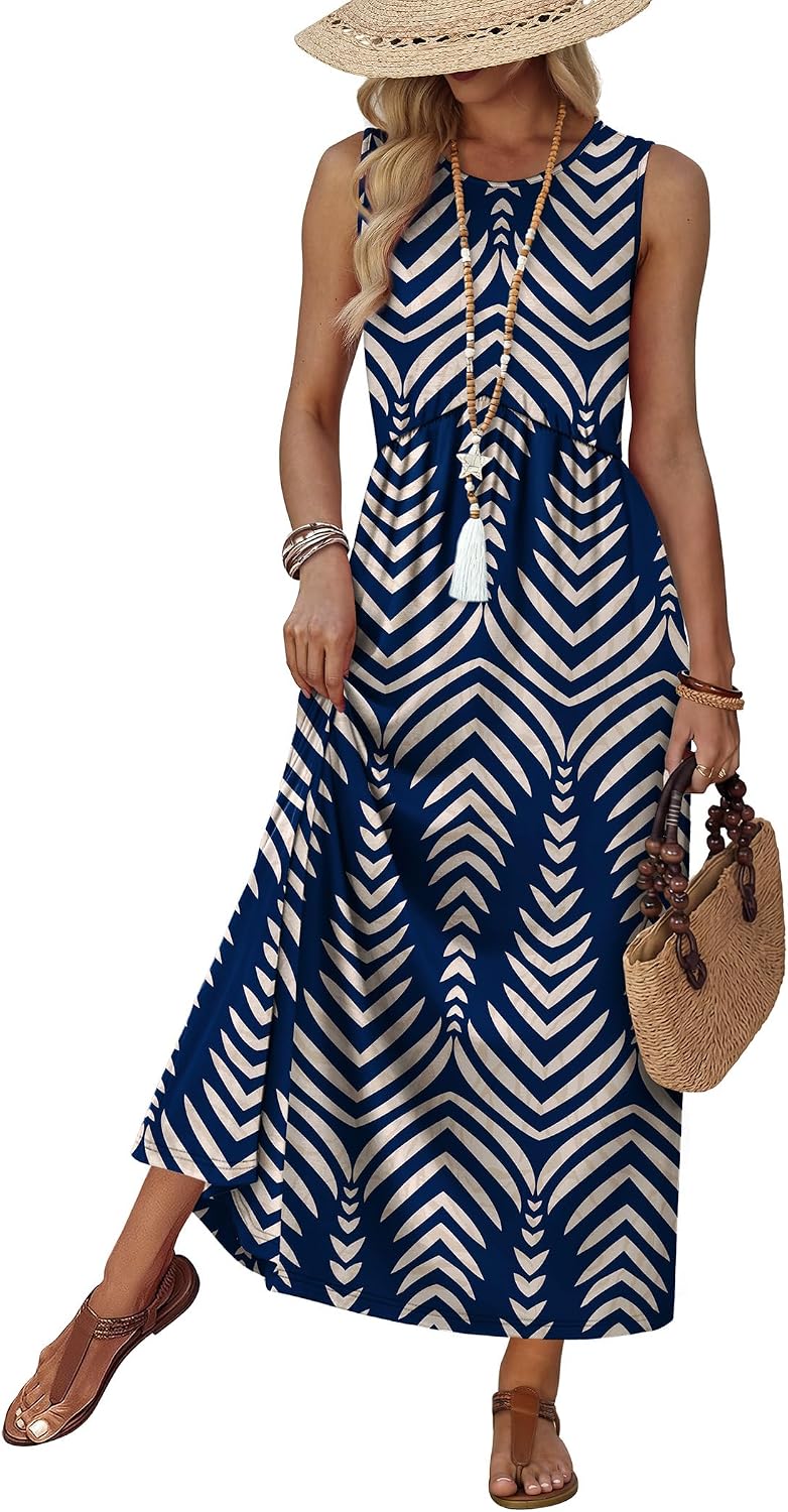 Empire Waist Maxi Summer Dress with Pockets for Beach Vacation Sundress