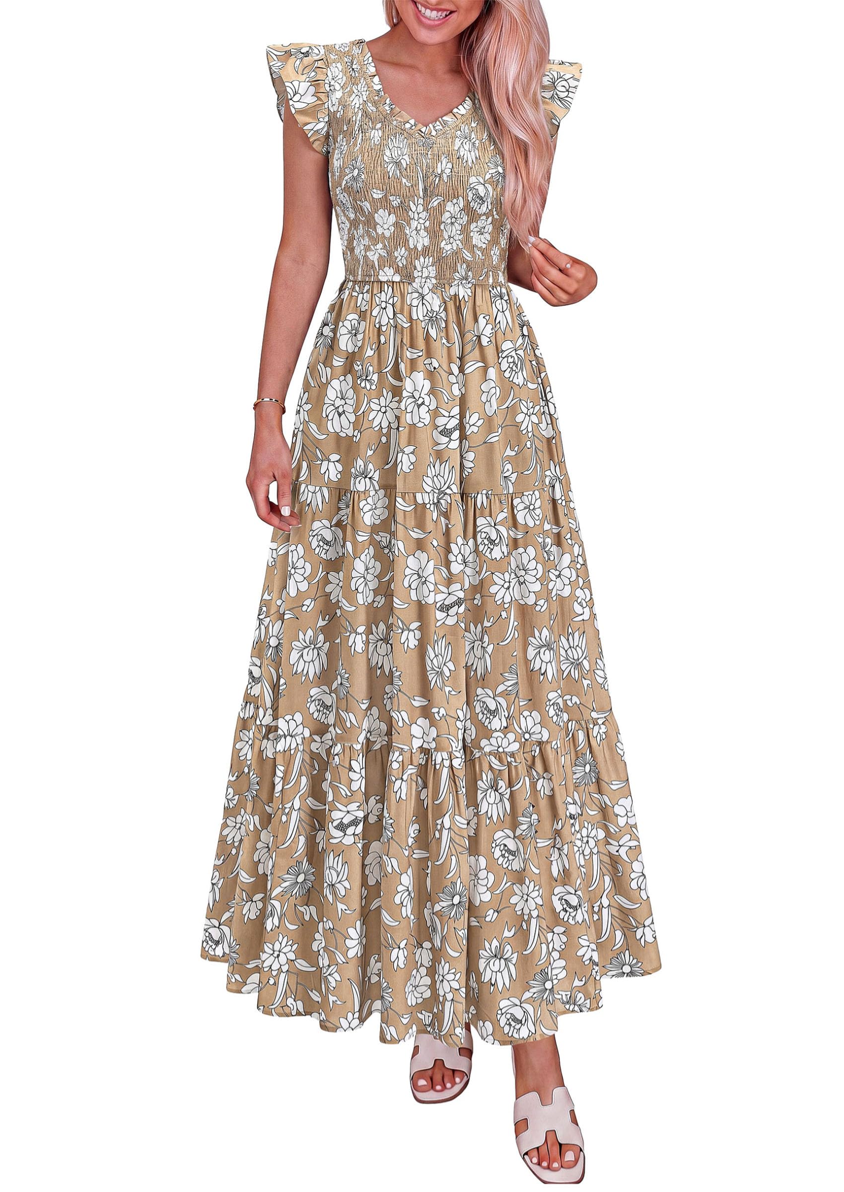 Women's 2026 Summer Boho Floral Smocked V Neck Ruffle Sleeve Flowy Maxi Beach