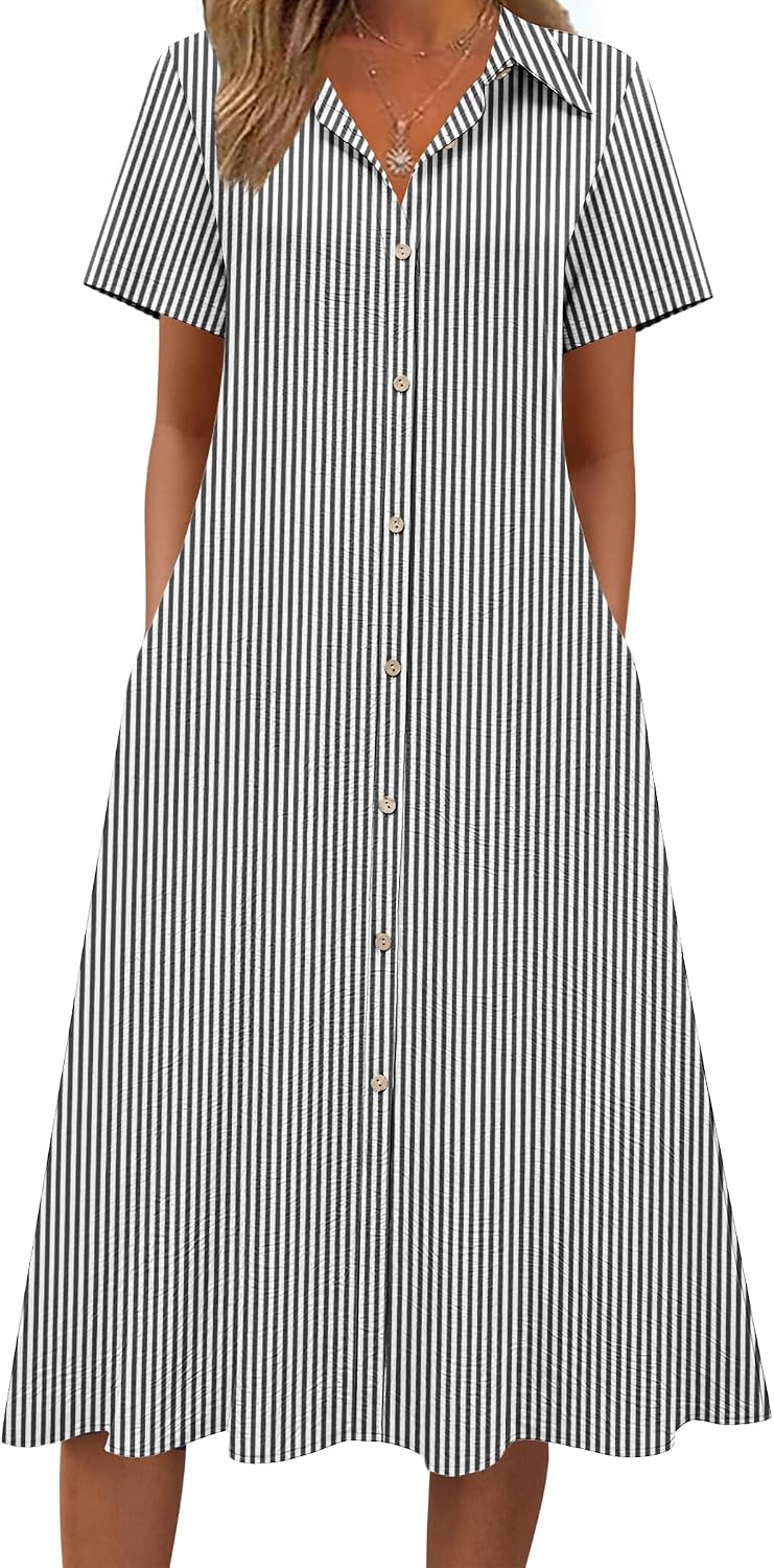 Summer Button Down Shirt Aline Short Sleeve Long Beach Travel Cover Up Sundress