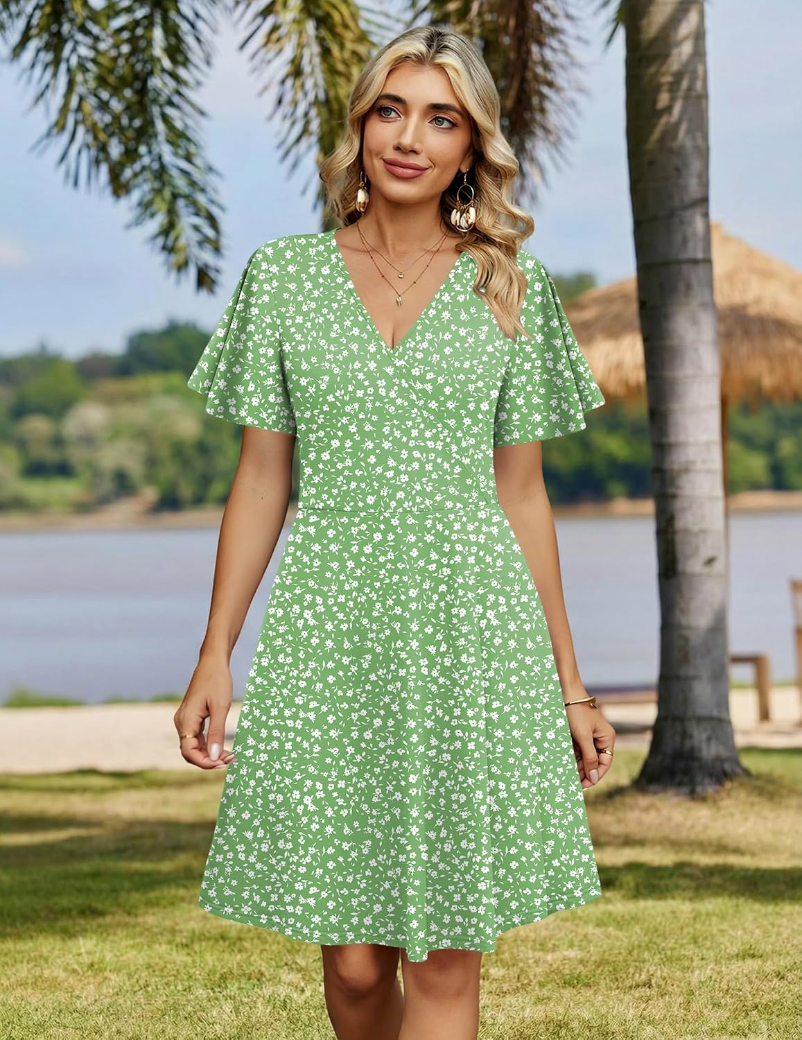 Women's 2026 Summer Wrap V Neck Floral A-Line Ruffle Sleeve Casual Sundress with Pockets