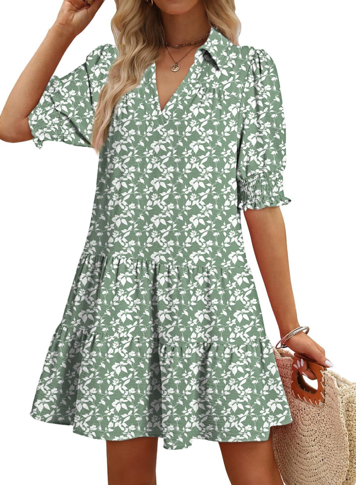 Women's 2026 Summer Lapel Collared V Neck Mid Sleeved Pleated Midi Dress