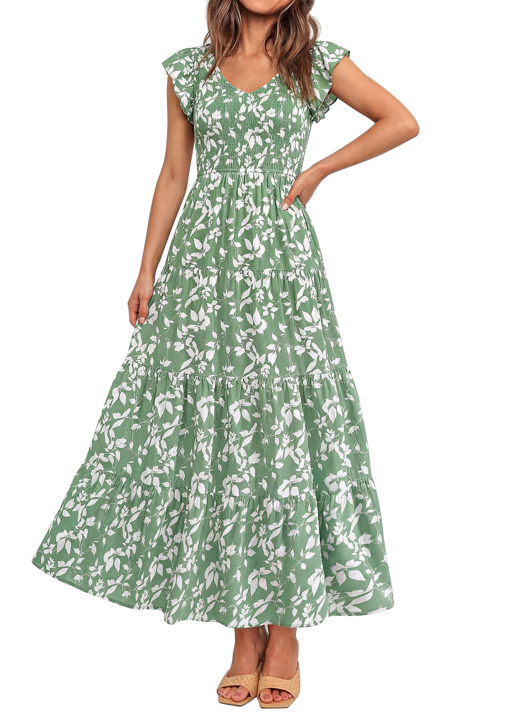Women's Summer Flowy Casual Cap Sleeve V Neck Smocked Maxi Beach