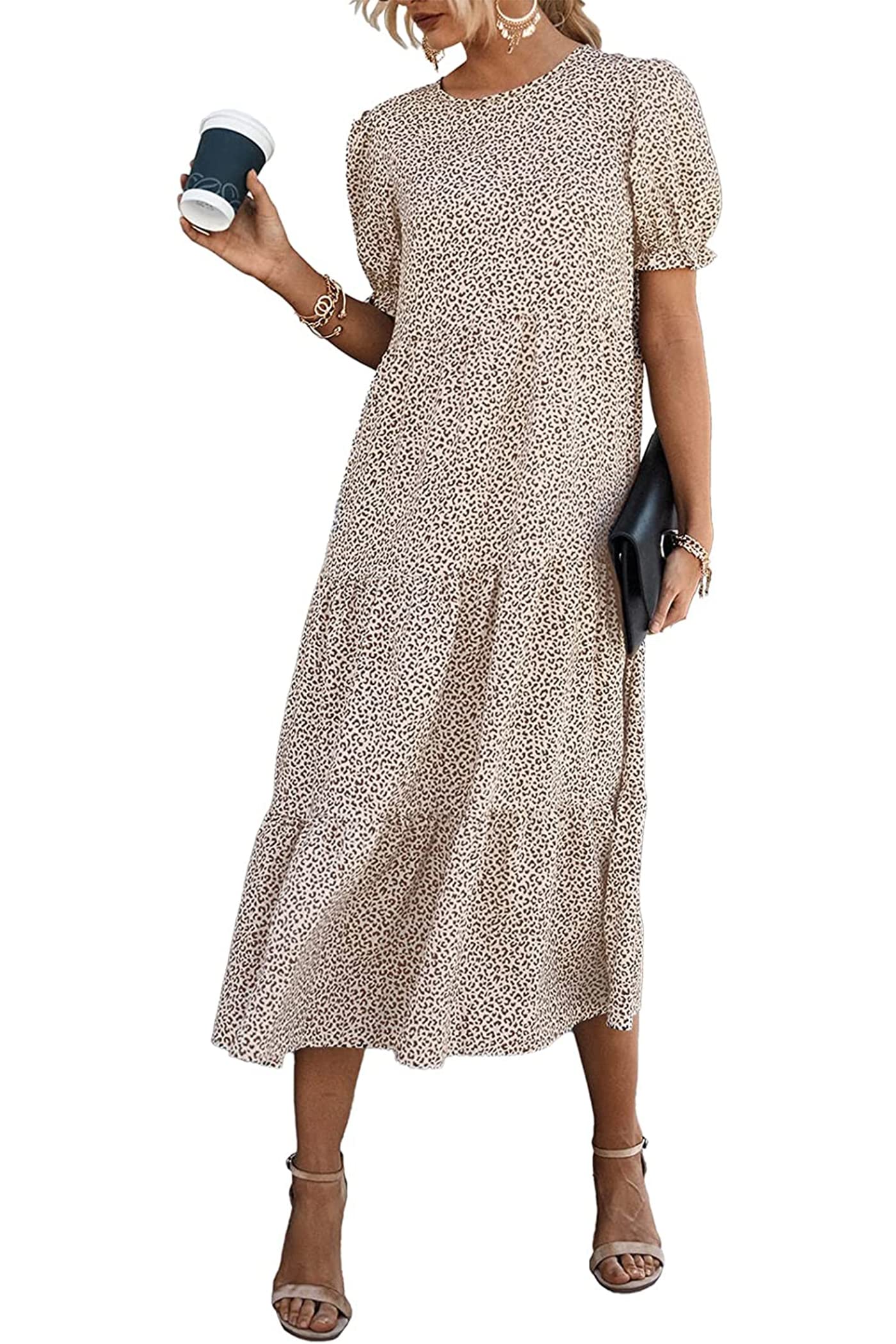 Women's  Summer Casual Floral Boho Midi Puff Short Sleeve Flowy Beach Vacation Sun Dress