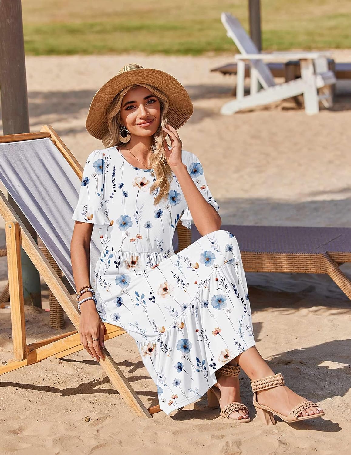 Womens 2026 Summer Casual Ruffle Short Sleeve Tiered A Line Boho Flowy Midi Sundress