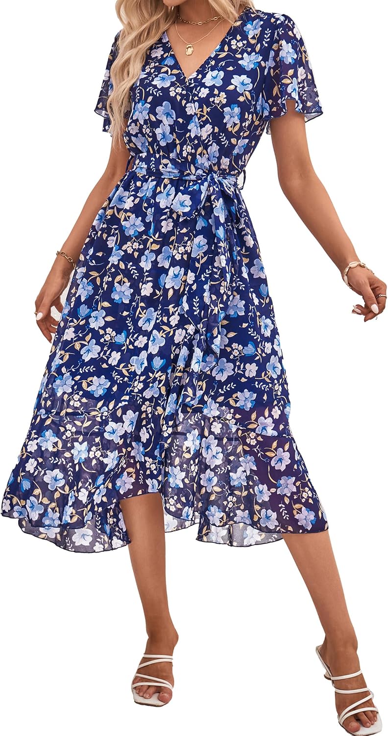 Women's Summer Floral  Short Sleeve Wrap V-Neck Ruffle Long Wedding Guest Maxi Dress