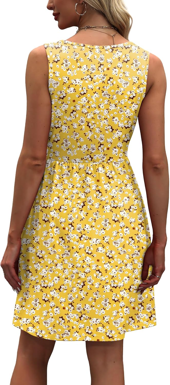Summer A-Line Sleeveless Casual Floral/Solid Sundress with Pockets