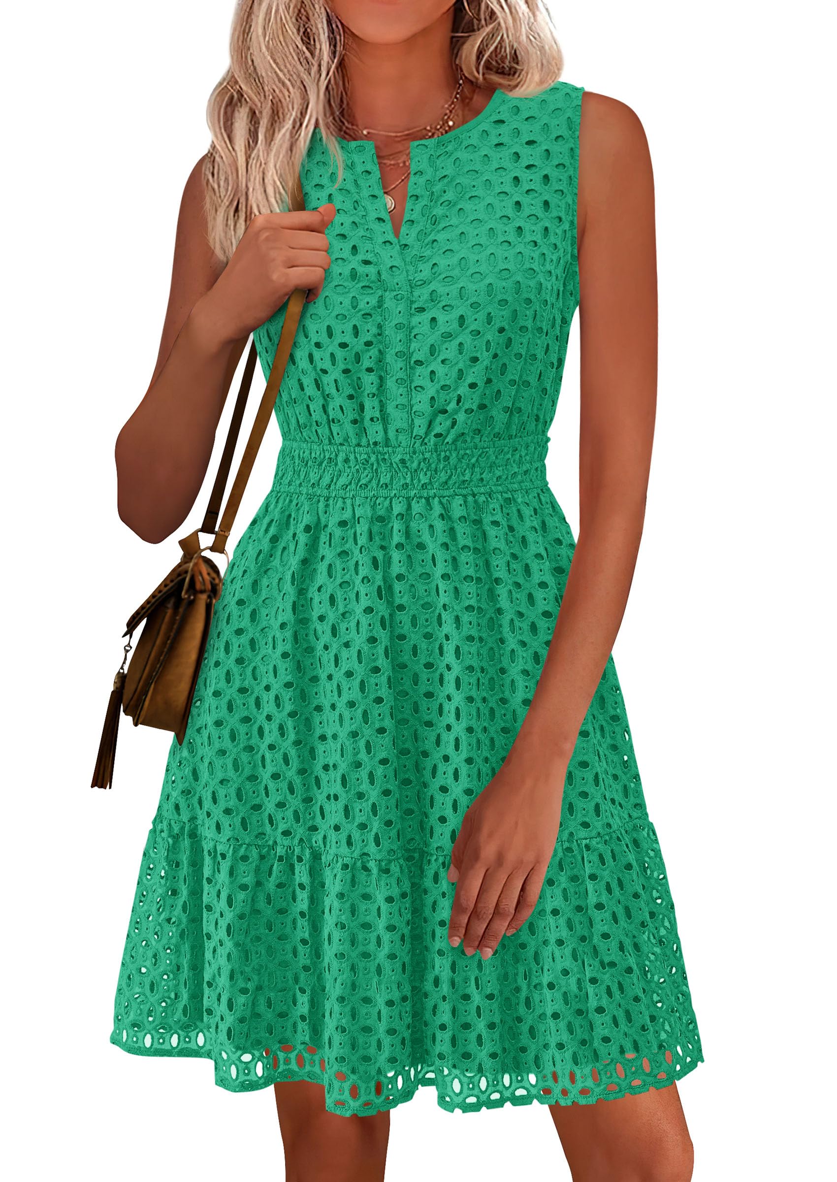 Women's 2026 Summer Sleeveless V Neck Eyelet Hollow Out Swing A Line Beach Vacation Sun Dress