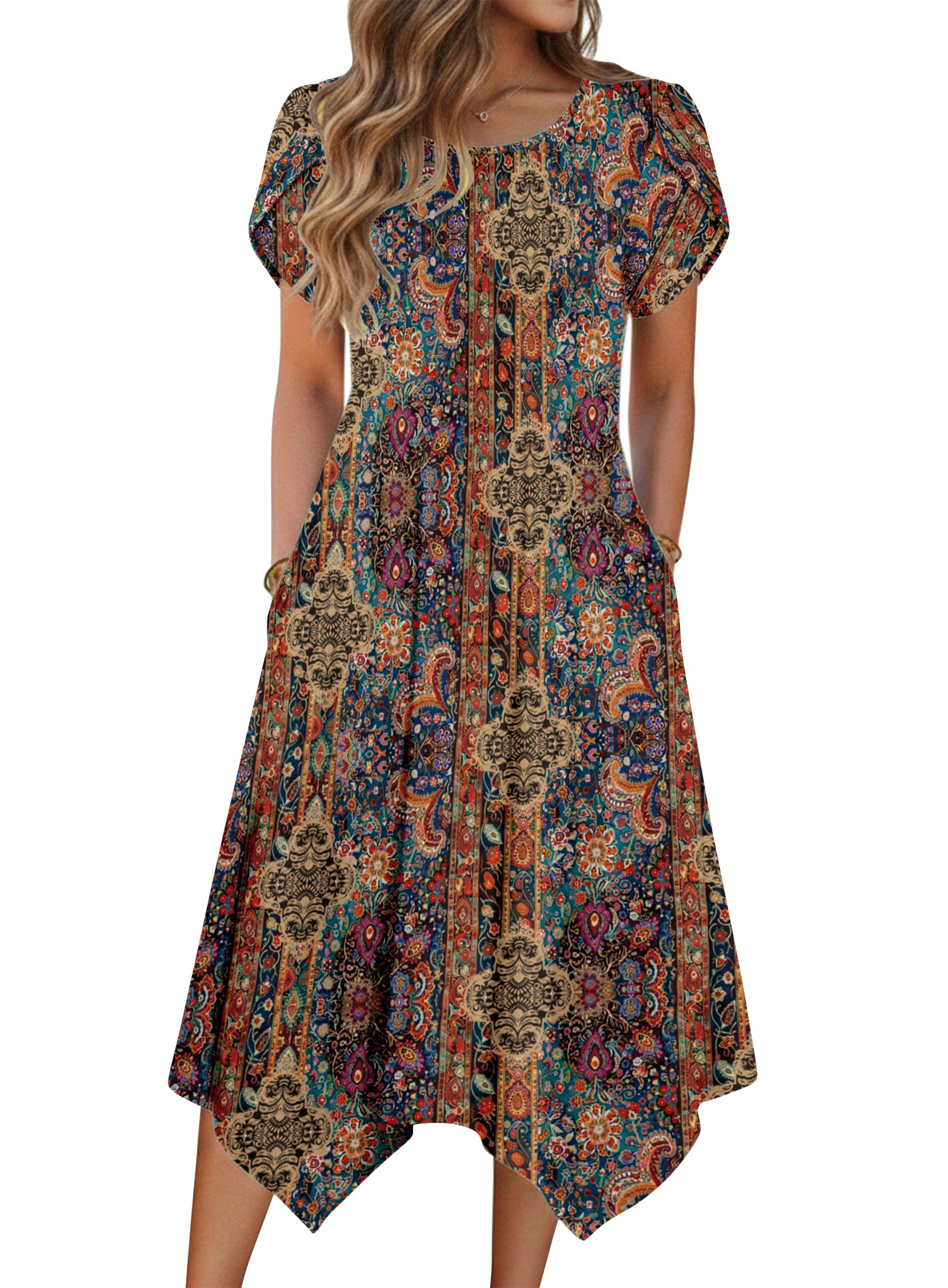 Womens 2026 Summer Short Sleeve Loose Flowy Hankerchief Flare Midi Casual Beach