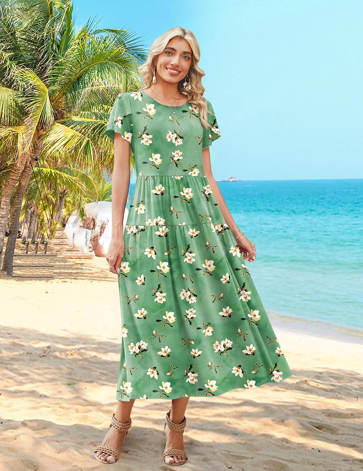 Summer Bohemian Floral Short Sleeve Casual Flowy Tired Maxi Beach Sundress for