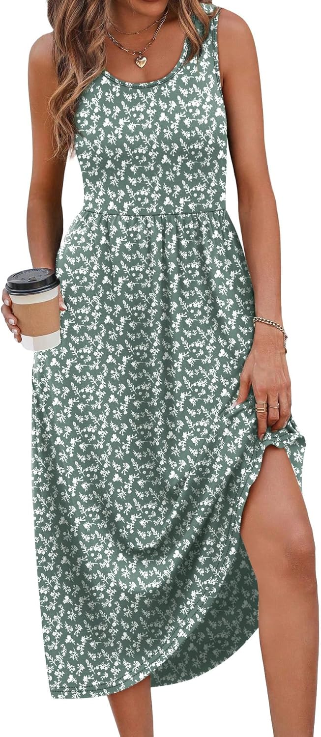Women's Summer Flowy Casual Midi Beach Vacation Sundress with Pockets
