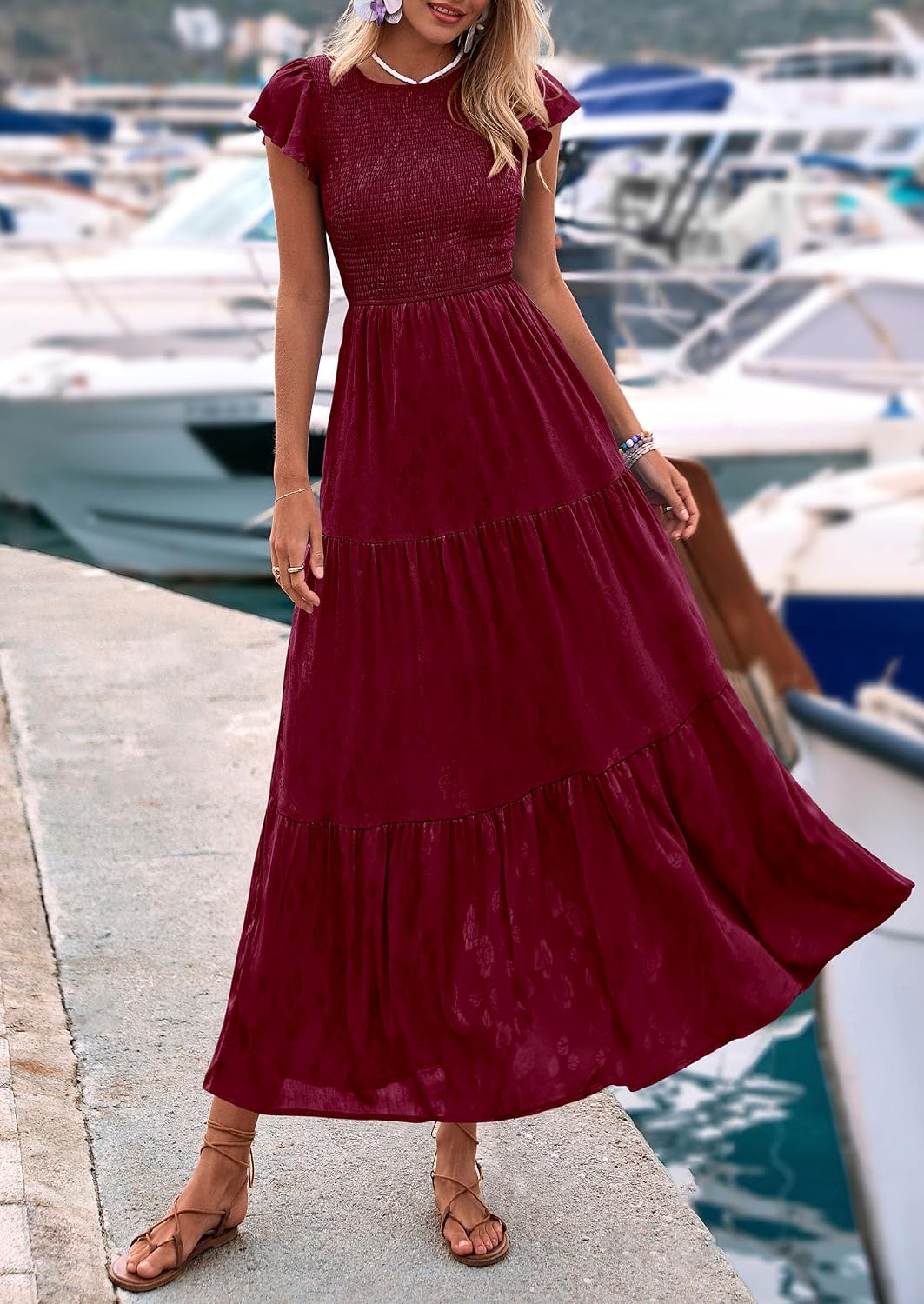 Women's 2026 Summer Floral Cap Sleeve Smocked A-Line Long Elegant Midi Spring Wedding Guest Dress