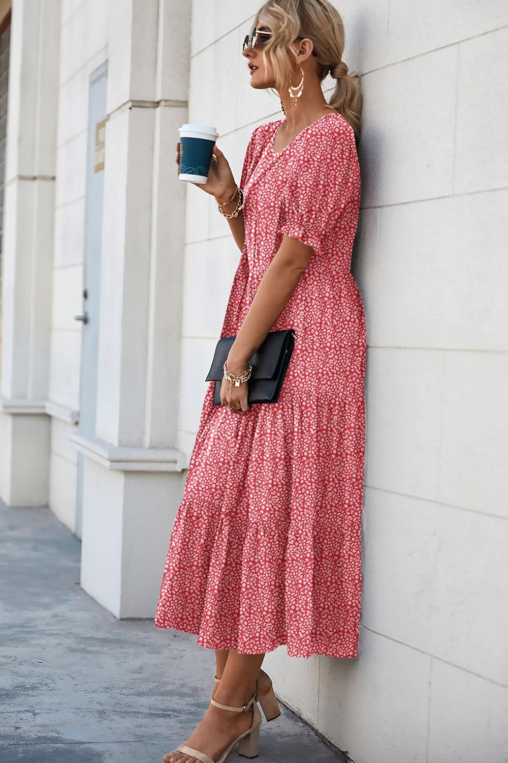 Summer Casual Floral Boho Puff Short Sleeve Flowy Midi Beach Vacation Sun Dress