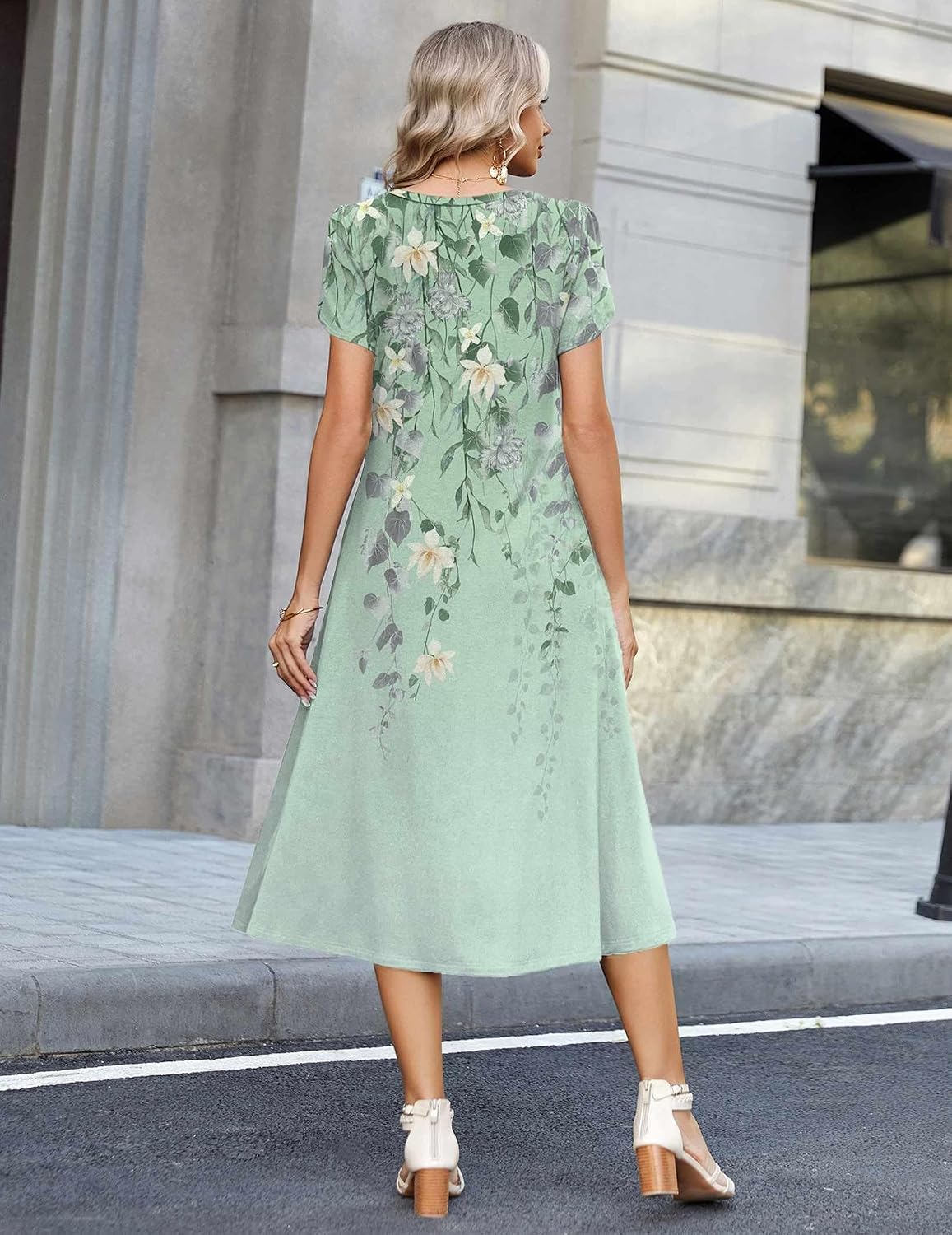 Women's 2026 Summer Petal Short Sleeve Pleated Midi A-Line Flowy Boho Casual Sundress