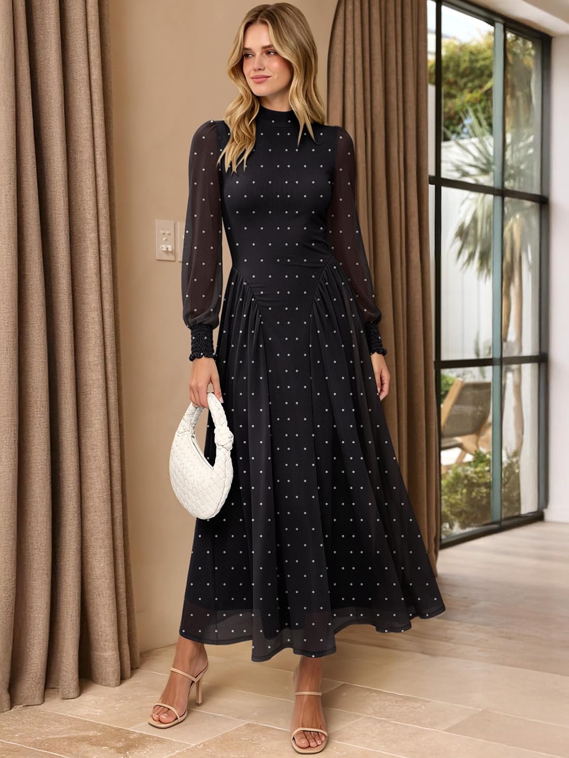 Women's Long Sleeve Mock Neck Drop Waist A-Line Floral Soft Lightweight Mesh