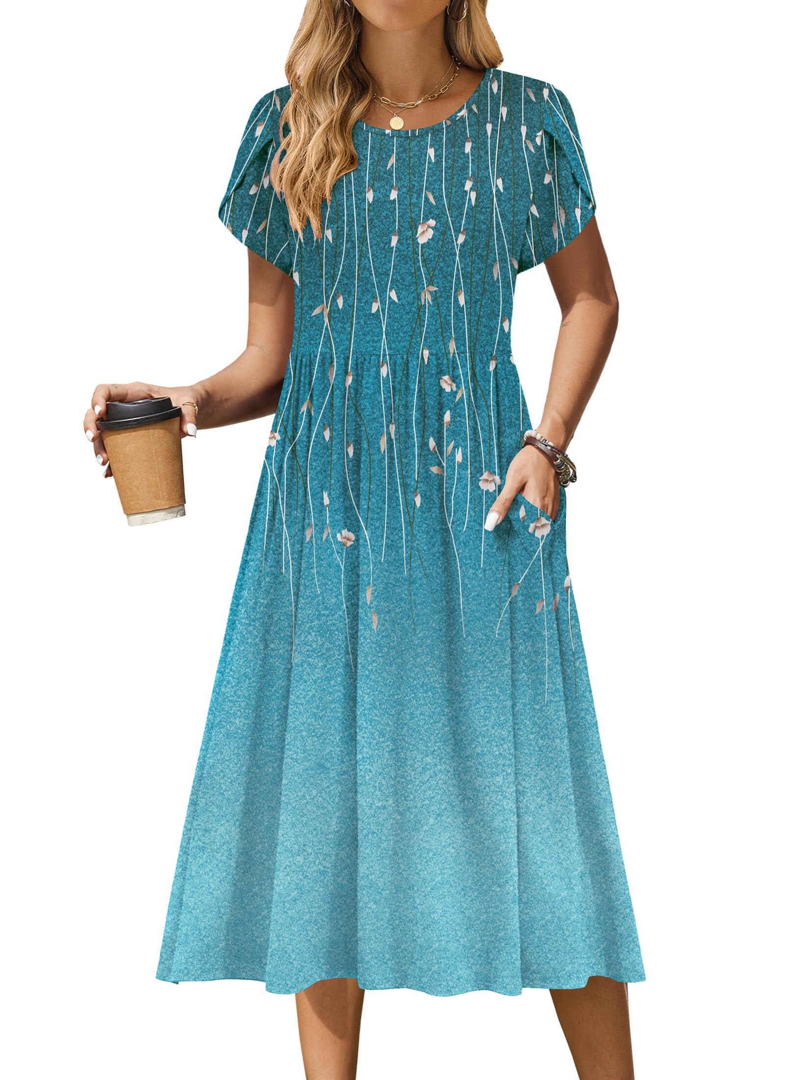 Women's Summer Casual A-Line Midi Short Sleeve Floral T-Shirt y Beach Sundress with Pockets