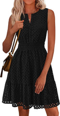Women's 2026 Summer Sleeveless V Neck Eyelet Hollow Out Swing A Line Beach Vacation Sun Dress