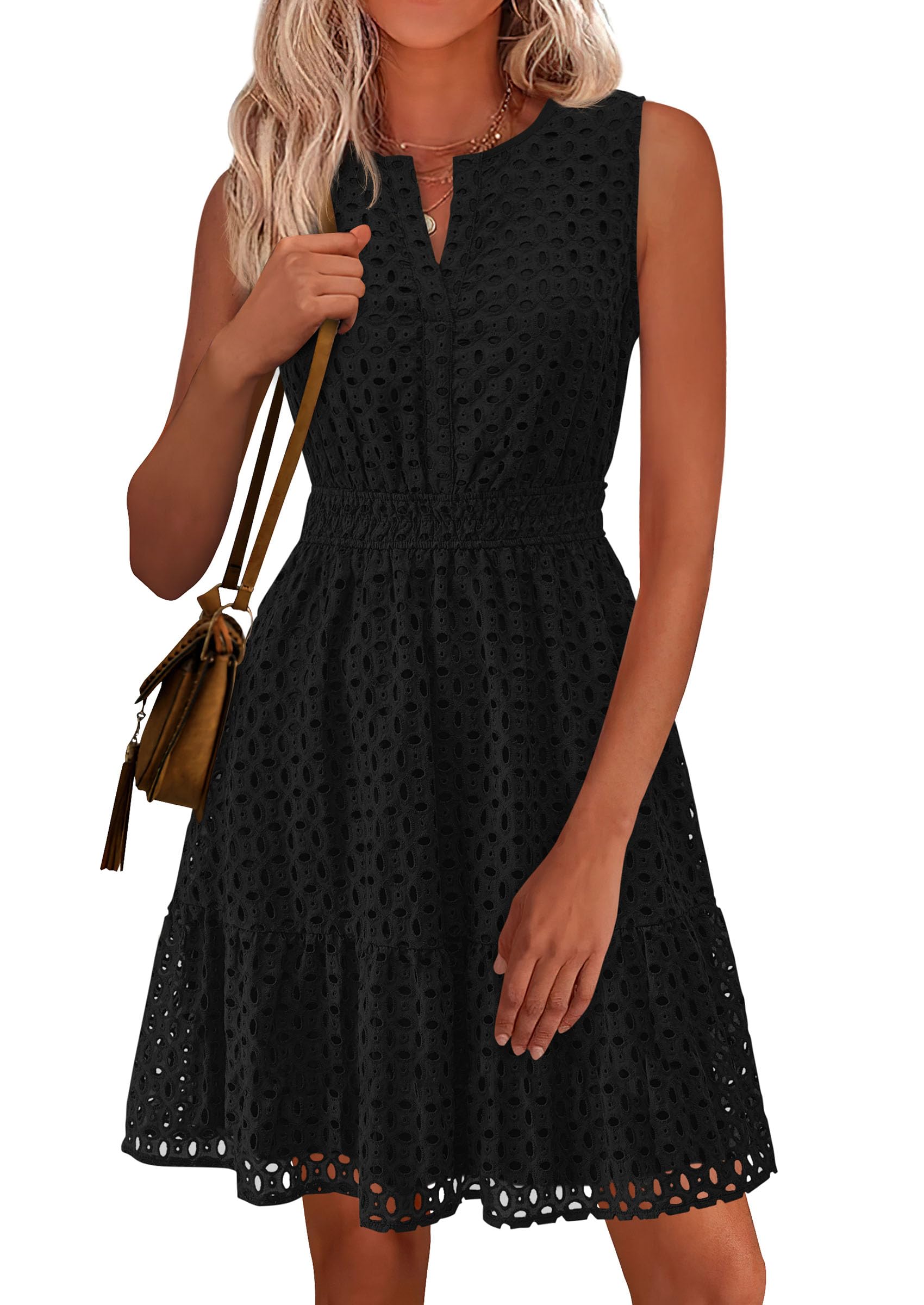 Women's 2026 Summer Sleeveless V Neck Eyelet Hollow Out Swing A Line Beach Vacation Sun Dress