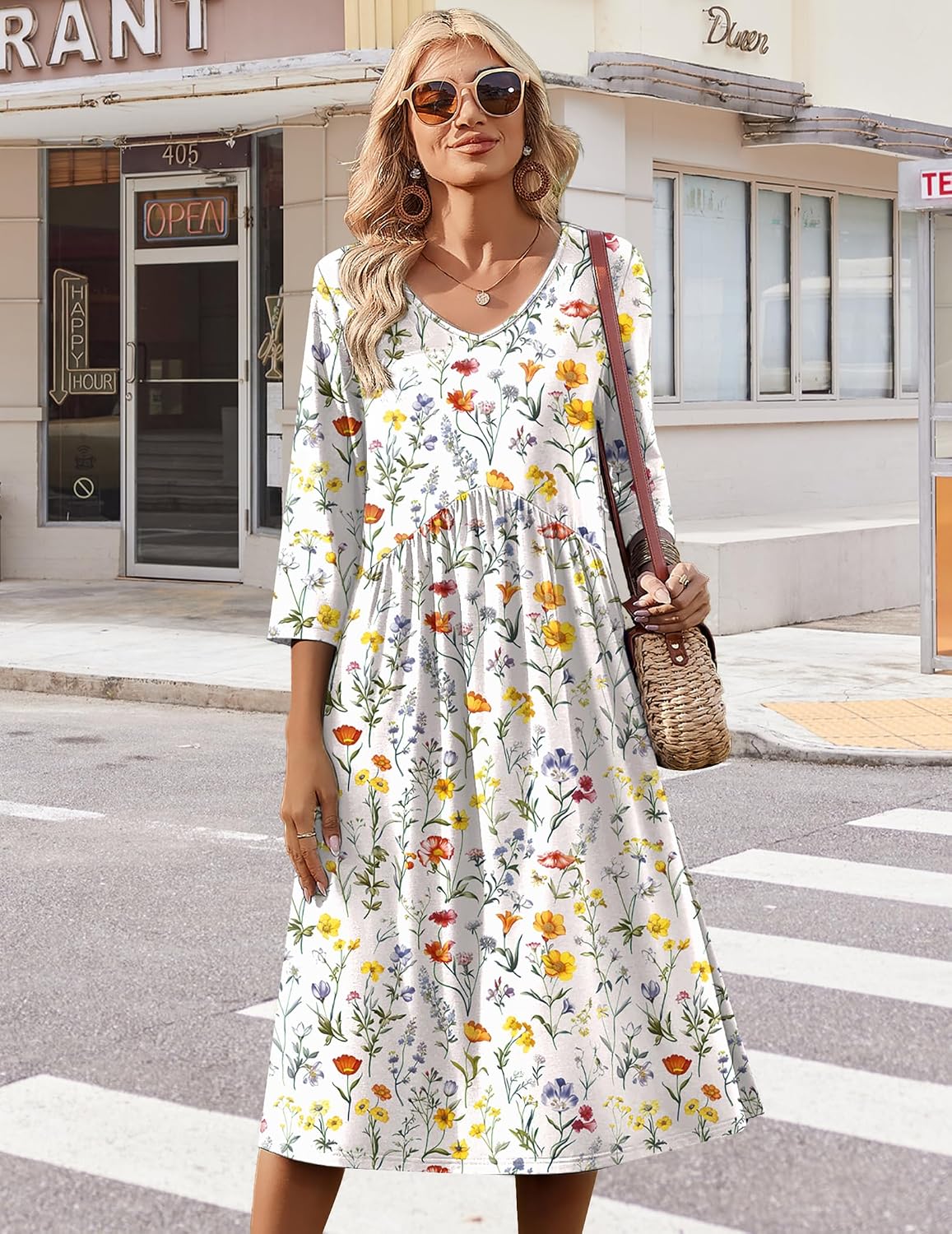 Summer 3/4 Sleeve Women's Casual Midi Tshirt Semi-Formal Sundress with Pockets