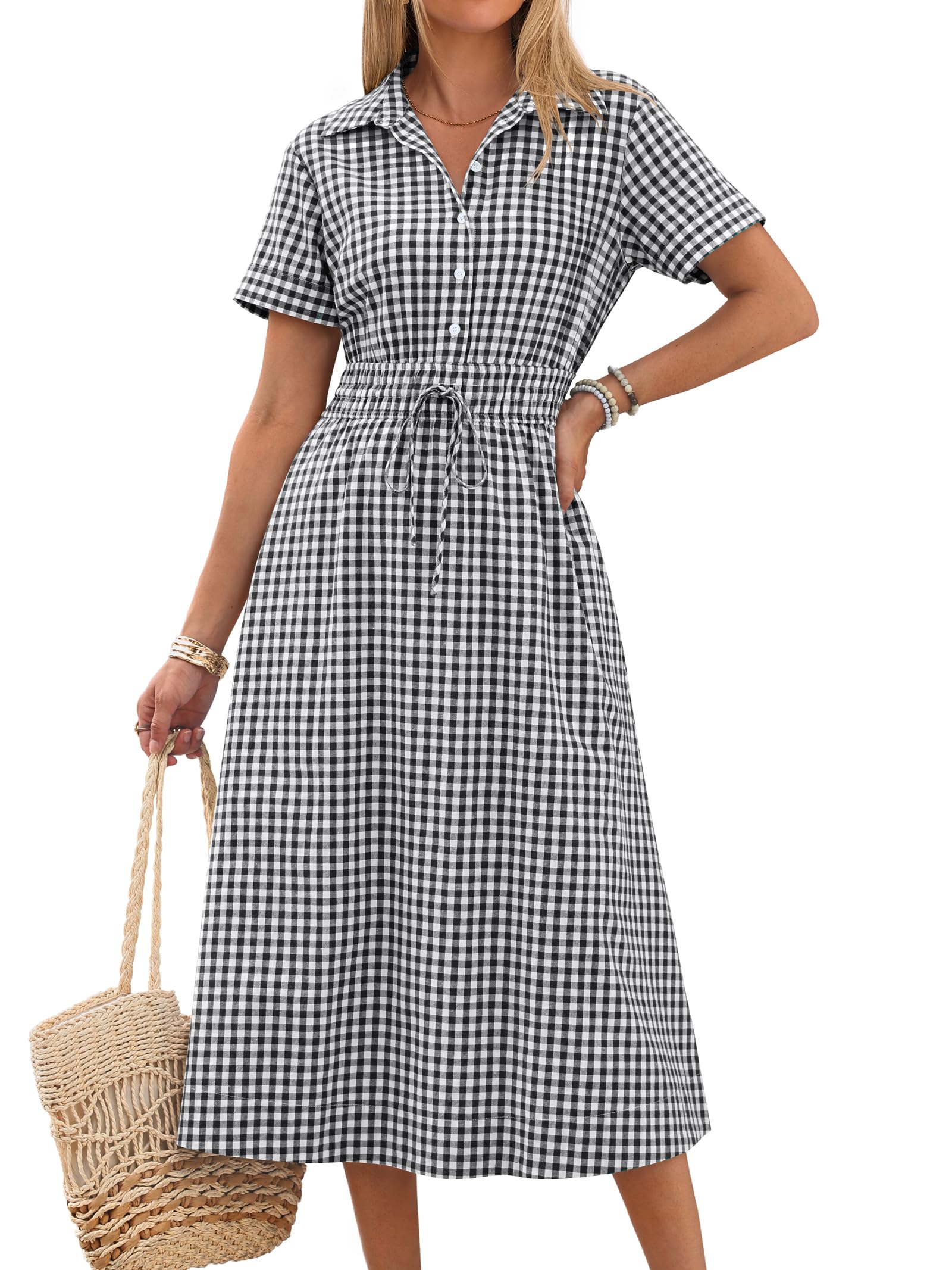 Women Summer Short Sleeve Striped & Gingham Casual A-Line Button Collar