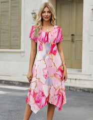Womens 2026 Summer Short Sleeve Loose Flowy Hankerchief Flare Midi Casual Beach