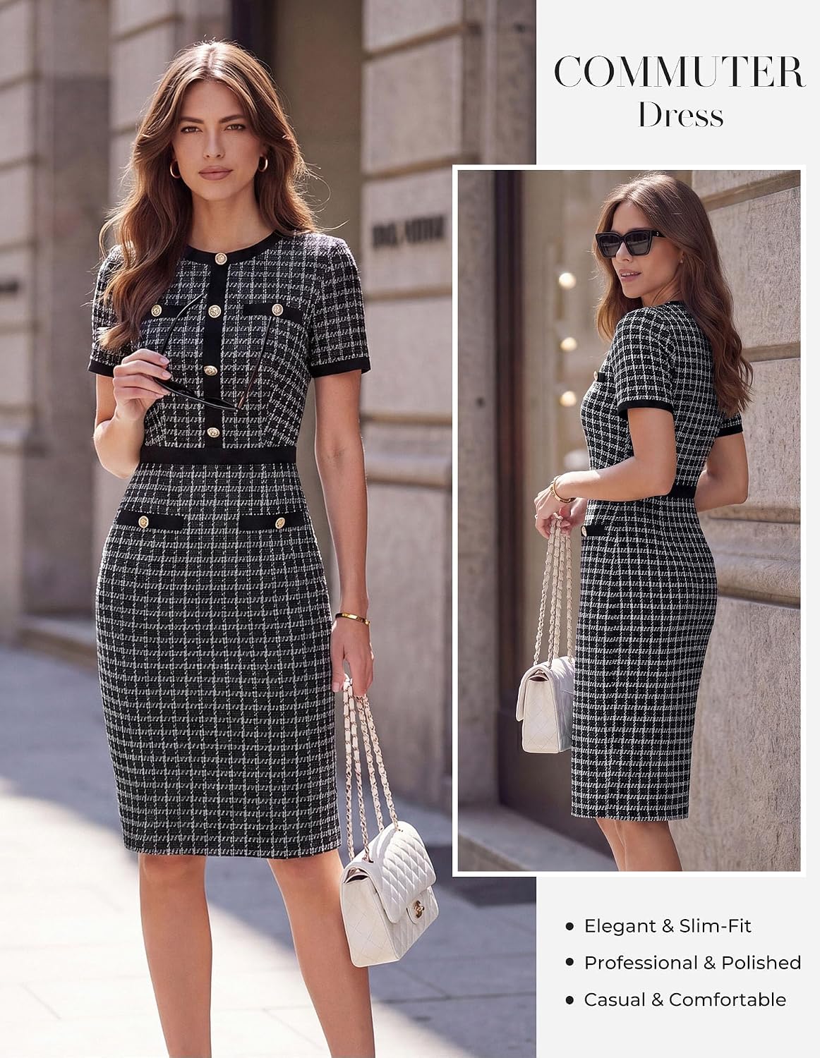 Women 2026 Summer Short Sleeve Bodycon Tweed Button Knee Length Pencil