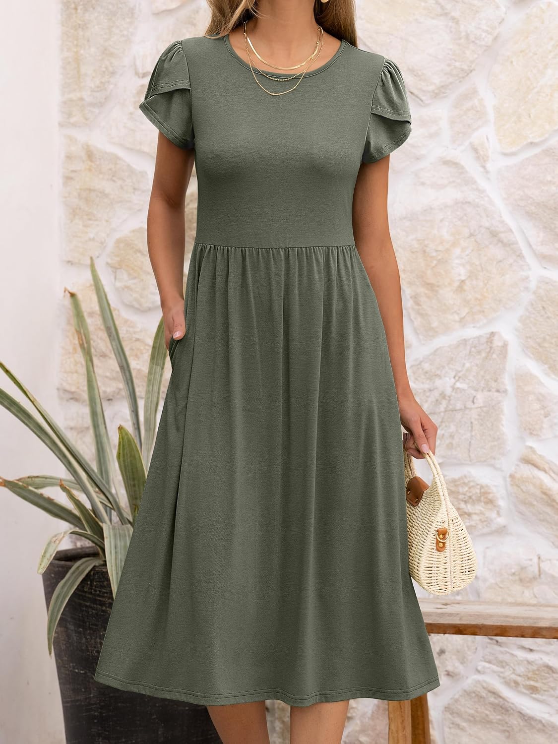 Women's Summer Short Sleeve A-Line Midi Floral T-Shirt Casual Beach Sundress with Pockets