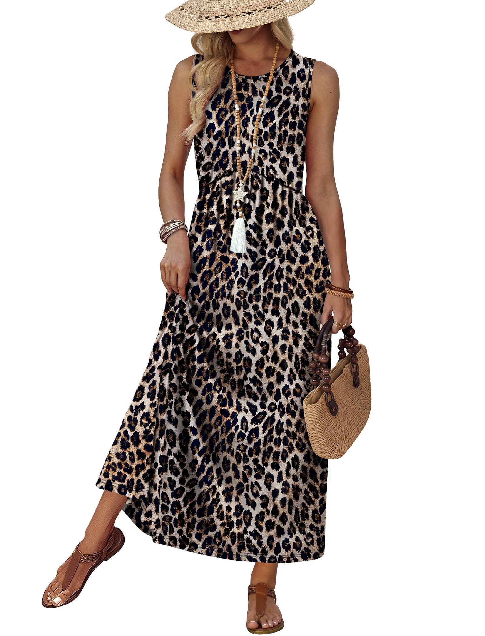 Summer  Waist Maxi Beach Vacation Sundress with Pockets