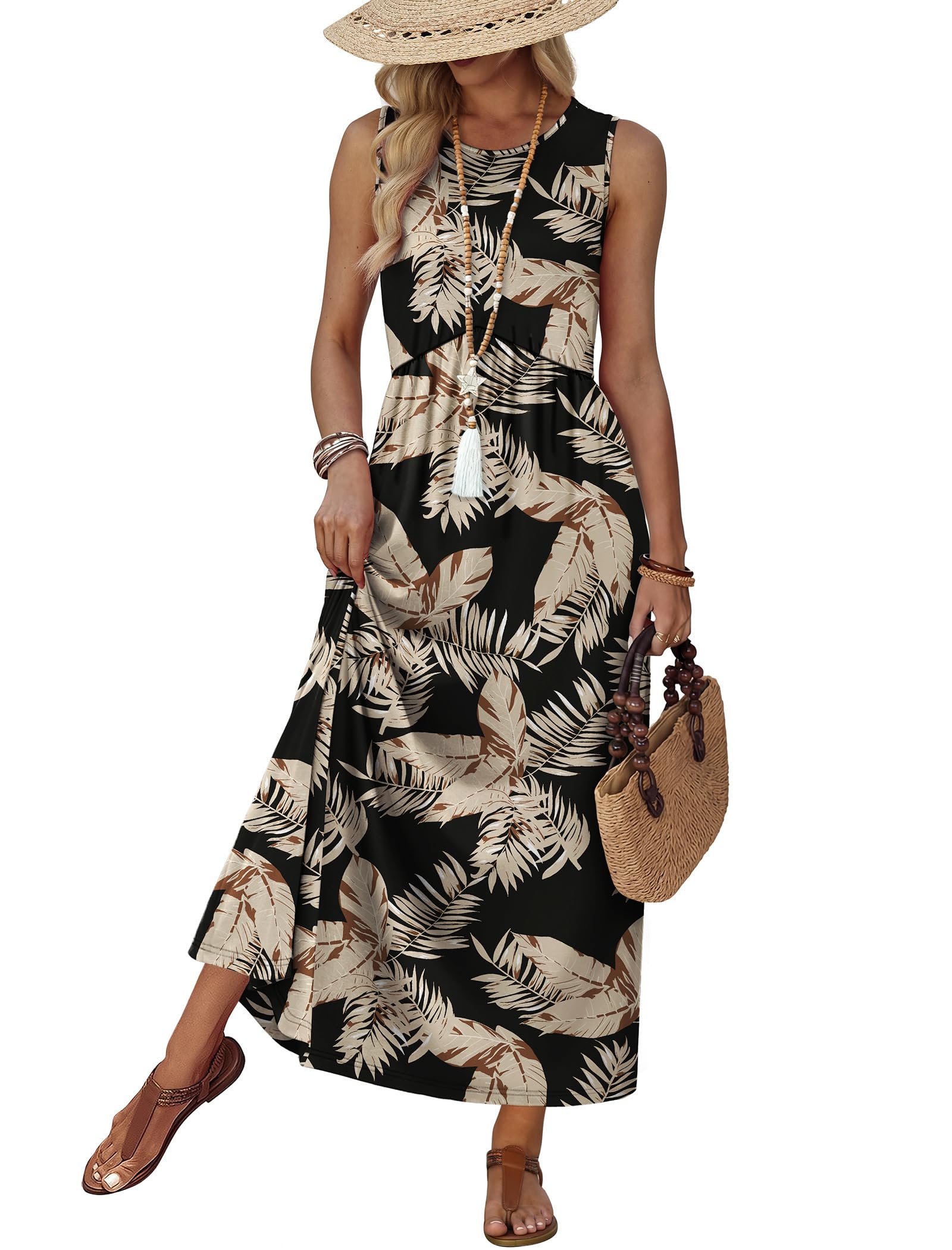 Empire Waist Maxi Summer Dress with Pockets for Beach Vacation Sundress