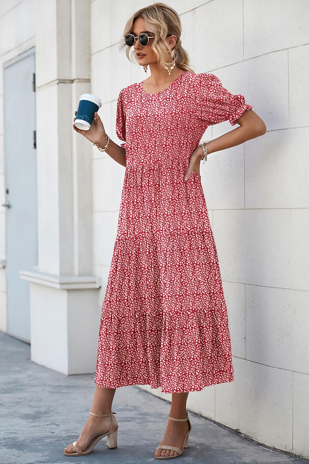 Women's  Summer Casual Floral Boho Midi Puff Short Sleeve Flowy Beach Vacation Sun Dress