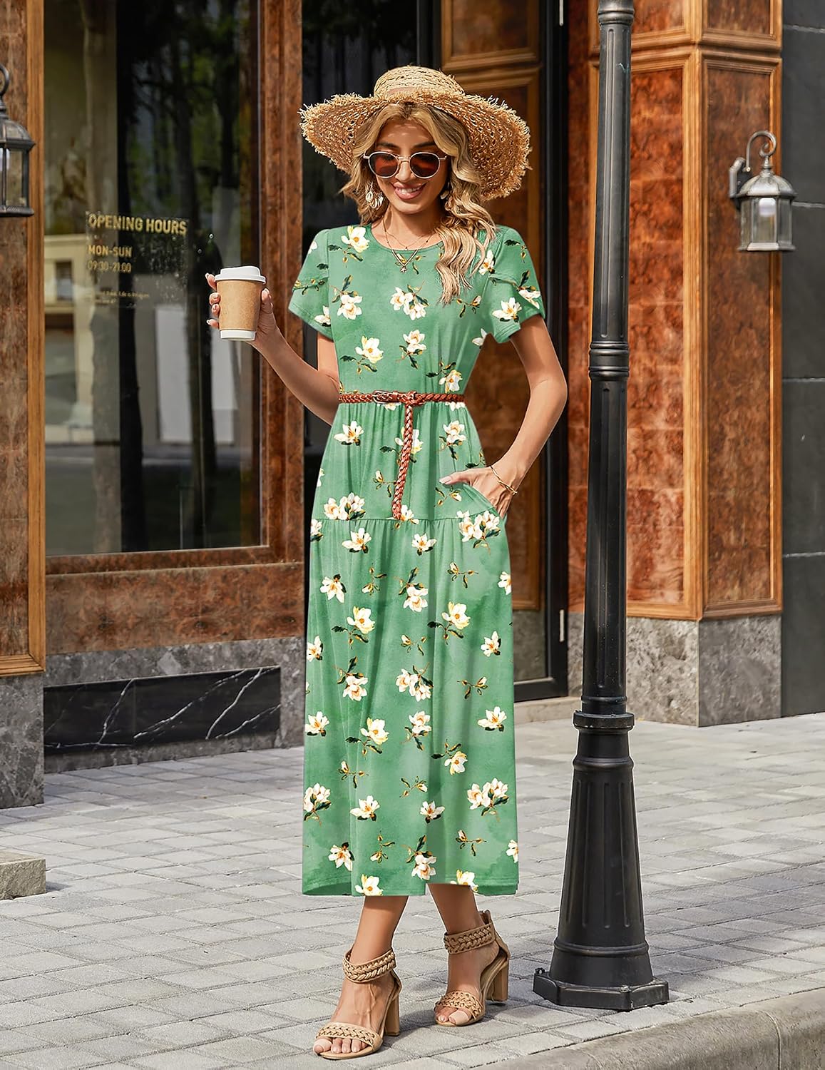 Summer Bohemian Floral Short Sleeve Casual Flowy Tired Maxi Beach Sundress for