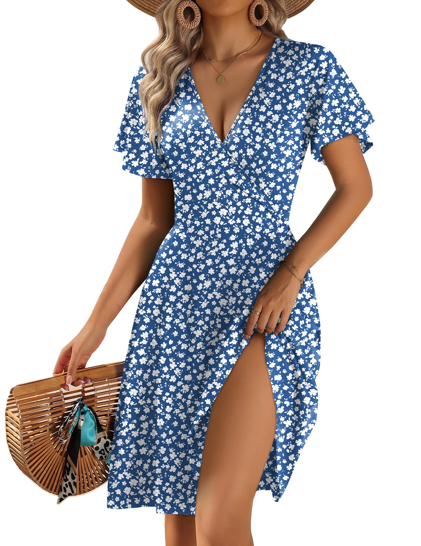 Women's 2026 Summer Wrap V Neck Floral A-Line Ruffle Sleeve Casual Sundress with Pockets