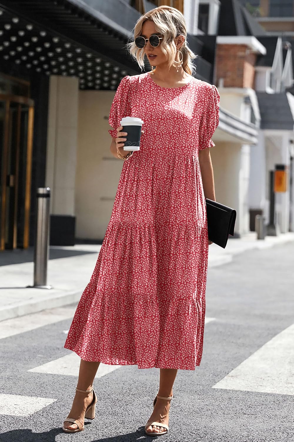 Women's  Summer Casual Floral Boho Midi Puff Short Sleeve Flowy Beach Vacation Sun Dress