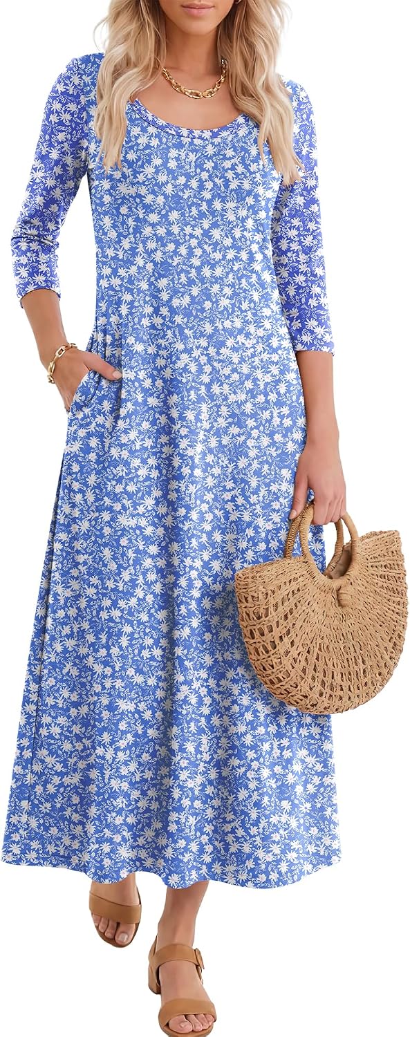 Women's 3/4 Sleeve Scoop Neck Dress with Pockets Soft Breathable for Travel Vacation Spring Transition