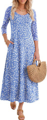 Women's 3/4 Sleeve Scoop Neck Dress with Pockets Soft Breathable for Travel Vacation Spring Transition