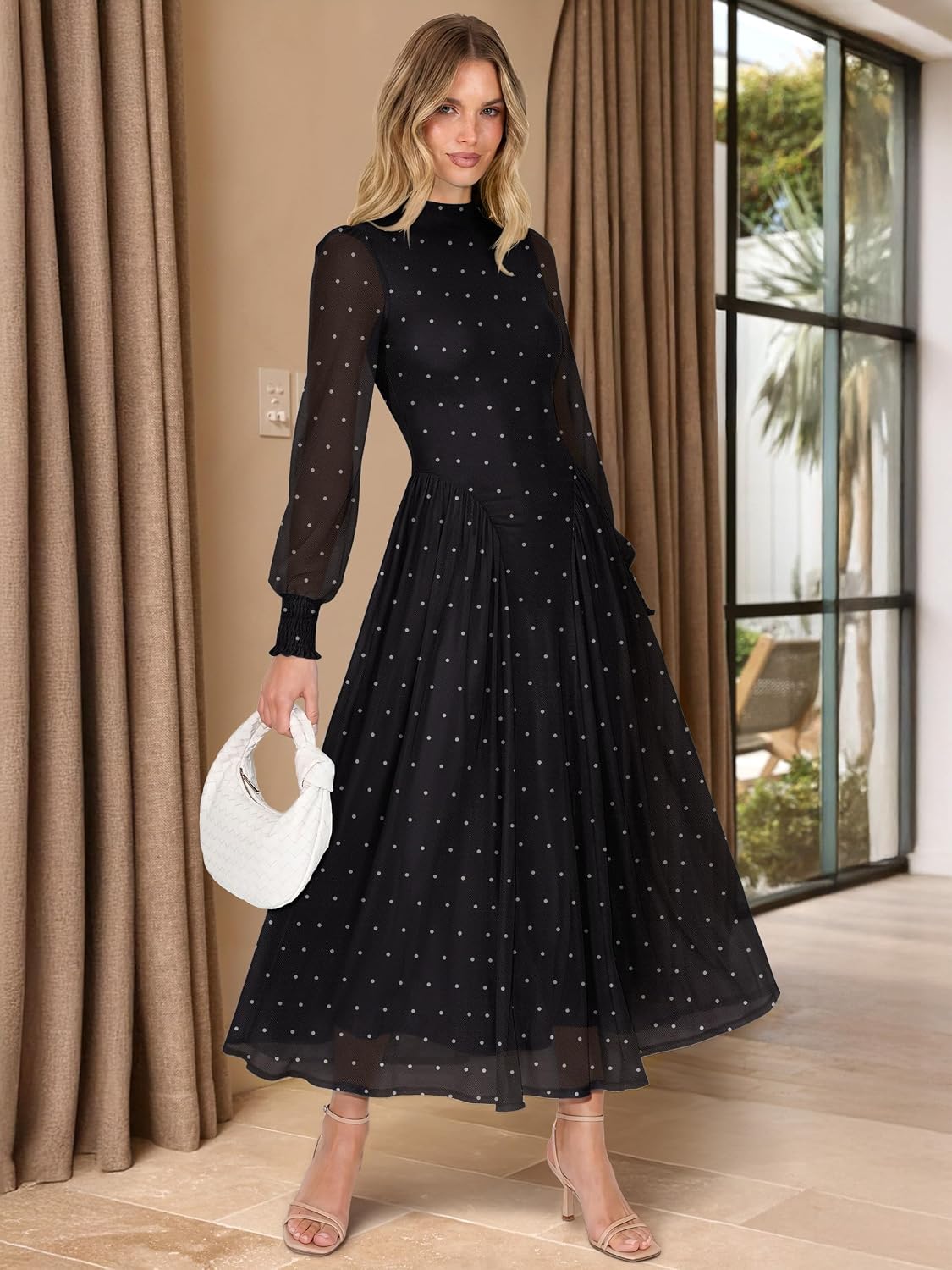 Women's Long Sleeve Mock Neck Drop Waist A-Line Floral Soft Lightweight Mesh