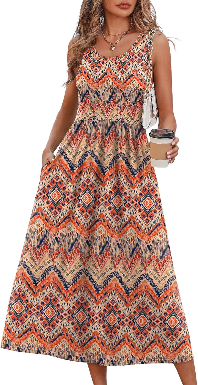 Women's Summer Flowy Casual Midi Beach Vacation Sundress with Pockets
