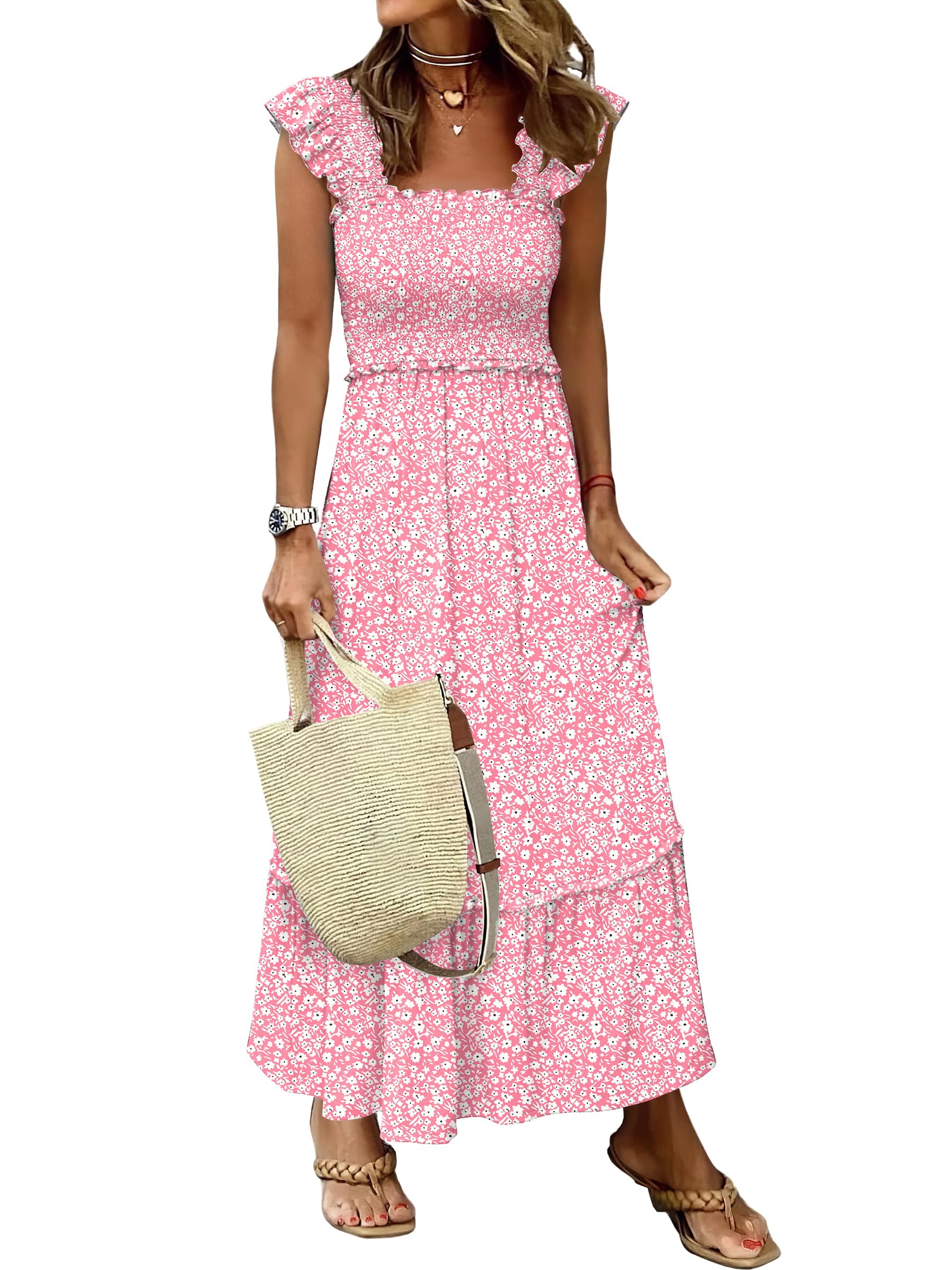 Womens Summer Sleeveless Square Neck Smocked Boho Ruffle Strap A-Line Maxi Beach Sundress